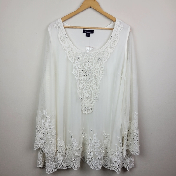 Roaman's Embellished Mesh Overlay Tunic Top Size 22W Ivory Lace Pearl Sheer - Picture 5 of 16